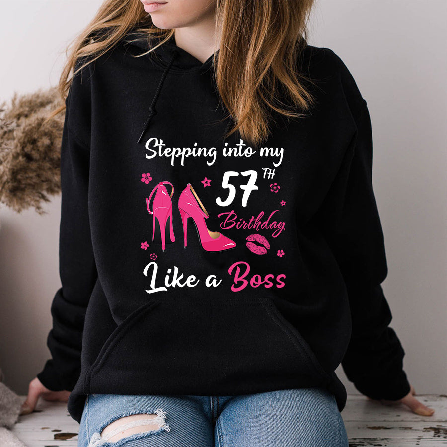 Stepping into my 57th Birthday Like a Boss, 57th birthday unique gifts for woman, 57th birthday ideas, Turning 57 years old cotton shirt